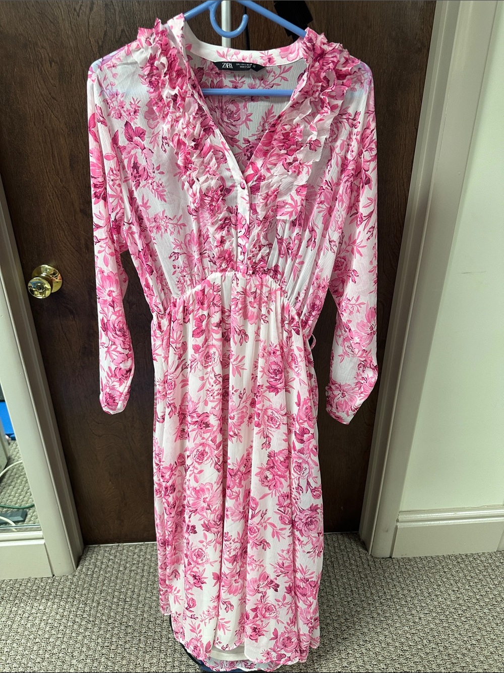 ZARA White Dress with Pink Floral Print and Ruffle Trim